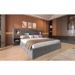 Lit adulte 160x200 cm en velours gris design vintage avec 2 chevets 4 tiroirs et ports usb / type c (avec ...