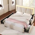 Lit adulte lit 160x200 - redom - lit 2 place avec clairage led et 4 tiroirs de rangement - lin beige ...