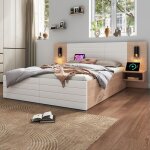 Lit adulte 180�200 cm blanc et ch�ne clair bois massif et mdf t�te avec lampe 360� et prise usb