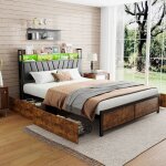 Lit adulte - noir - 180x200 cm - t�te de lit led - 4 tiroirs - chargeur usb int�gr�