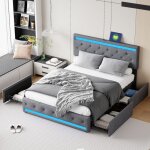 Lit adulte 180x200 cm avec sommier � lattes t�te de lit avec led et usb 4 tiroirs tissu en lin gris fonc� ...