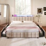 Lit double 180x200 cm avec sommier � lattes t�te de lit avec led et usb lit adulte avec 4 tiroirs tissu ...