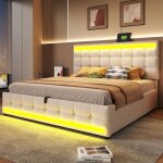 Lit adulte 180x200 cm en tissu beige avec �clairage led rgb et ports usb int�gr�s ? design moderne
