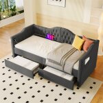 Lit rembourr� adulte 90 x 200 cm en lin gris avec 2 tiroirs ? 1 place (cap. 158 kg)