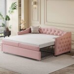 Lit adulte 90x200 cm en tissu lin rose port usb capitonnage boutons convertible canap� - lit lattes renforc�es ...