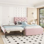 Lit adulte 90x200cm - lit enfant simple avec lit gigogne et sommier � lattes - velours rose (sans matelas) ...