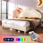 Lit adulte capitonn 160x200cm en similicuir crme - clairage led - tte de lit rglable - sommier  ...