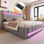 Lit adulte lit coffre 160x200 cm avec �clairage led et prise usb t�te de lit avec �tag�res et espace ...