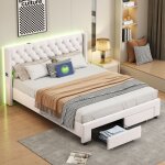 Lit adulte double 160x200cm en velours beige avec 2 tiroir - woedvjn - avec chargement usb et led - 2 ...