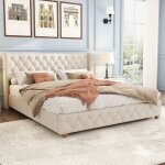 Lit rembourr� - langtu - design moderne - 140x190 cm - sommier � lattes inclus - lin beige
