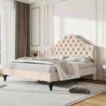 Lit rembourr� - langtu - 140x190 cm avec t�te de lit - velours beige - sommier � lattes - cadre bois ...