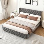 Lit rembourr� - langtu - 140x190 cm - velours gris - sommier � lattes - t�te de lit capitonn�e