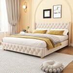 Lit rembourr� - langtu - 180�200 cm - velours beige clair - sommier � lattes inclus - t�te de lit capitonn�e ...