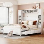 Lit adulte avec rangement 140x200 cm �quip� de 4 tiroirs et dun grand placard en bois massif - blanc. ...