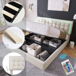 Lit adulte avec rangement 160x200 cm avec led en similicuir blanc grand espace de rangement sommier � ...
