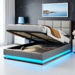 Lit double - 140x190 cm - sommier hydraulique coffre - led rgb int�gr�e - cadre m�tal & lattes bois