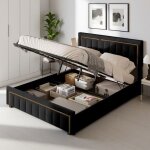 Lit adulte sommier hydraulique noir 160x200 cm avec rangement coffre - lit double 2 personnes  lattes ...