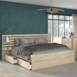 Lit adulte avec t�te de lit et tiroirs bois naturel 140x200 clem - bois naturel - terre de nuit