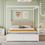 Lit � baldaquin 140x200 cm en bois massif blanc avec tiroirs et dossier moelleux