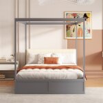 Lit � baldaquin 140x200 cm en bois gris avec grand rangement sommier inclus et t�te moelleuse