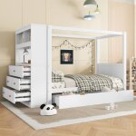 Lit baldaquin enfant 90x200 cm lit simple en bois avec bureau 7 tiroirs 2 compartiments et sommiers à ... Lit baldaquin enfant 90x200 cm lit simple en bois avec bureau 7 tiroirs 2 compartiments et sommiers à ...