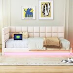 Lit banquette 140 x 200 cm multifonctionnel avec barre led prise usb et sommier  lattes beige