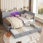 Lit banquette 140x200 cm - gris - lit gigogne avec led - prise + usb - rangement latral