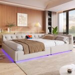 Lit banquette 140x200 cm en lin beige t�te capitonn�e � boutons led 7 couleurs ports usb et type?c