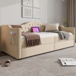 Lit banquette pas cher 2 tiroirs 90x200 cm canape lit 1 place avec chargeur usb type cvelours beige (sans ...