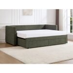 Lit banquette 2 x 80 x 200 cm - avec sommier peigne et tiroirs - tissu textur - vert - camity