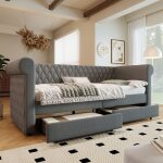 Lit banquette 90 x 200cm avec 2 tiroirs de rangement et sommier  lattes en bois sans matelas linen gris ...