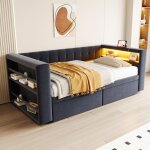 Lit banquette 90x190 cm avec led et prise �lectrique - lit simple gris fonc� avec tiroir de rangement ...