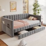 Lit banquette 90x190 cm simple capitonn� avec 2 tiroirs et poches lat�rales pour enfant velours m�tal ...