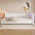 Lit banquette 90x200 cm - blanc - led tlcommande - sommier  lattes inclus - style romantique