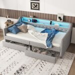 Lit banquette 90x200 cm eclairage dambiance avec tlcommande deux tiroirs prise de recharge usb sans ...