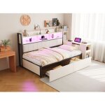 Lit banquette 90x200 cm avec rangement et led - lit simple avec bureau escamotable et tiroir - structure ...