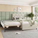 Lit banquette 90x200 cm - minimaliste - velours beige - coffre de rangement - lit gigogne - 2 places