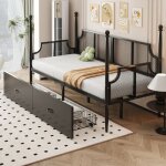 Lit banquette 90x200 cm - vintage - noir - mtal - dossier grillag - 2 tiroirs de rangement