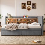 Lit banquette - aapaas - 90x200 cm - lin gris - 2 tiroirs - ports usb & type - c
