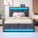 Lit banquette enfant 90x200 cm hydraulique avec rangement led usb lin gris