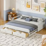 Lit banquette extensible avec 2 tiroirs de rangement 90x200cm - pin massif blanc Lit banquette extensible avec 2 tiroirs de rangement 90x200cm - pin massif blanc