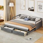 Lit banquette extensible 90x200cm avec 2 tiroirs de rangement - pin massif gris Lit banquette extensible 90x200cm avec 2 tiroirs de rangement - pin massif gris