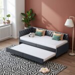 Lit banquette gigogne 2x90x200 cm - 2 couchages cadre de lit rembourr et capitonn en velours - canap ...