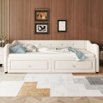 Lit banquette lit de jour 90x200 cm avec extension lit avec deux tiroirs lit simple beige