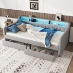 Lit banquette avec led et 2 tiroirs de rangement - lit une place avec sommier pour adulte et ado - prise ...