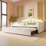Lit banquette rembourré avec lit gigogne en velours beige canapé - lit d?appoint avec led 90x200 cm sans ... Lit banquette rembourré avec lit gigogne en velours beige canapé - lit d?appoint avec led 90x200 cm sans ...