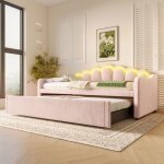 Lit banquette rembourré avec lit gigogne en velours rose canapé - lit d?appoint avec led 90x200 cm sans ... Lit banquette rembourré avec lit gigogne en velours rose canapé - lit d?appoint avec led 90x200 cm sans ...