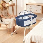 Lit b�b� portable petit format avec roulettes berceau mobile pour b�b� bleu marine.