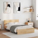 Lit blanc sommier � lattes - hello2026 - cadre de lit avec t�te de lit et led ch�ne sonoma 140x190 cm ...