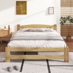 Lit en bois massif 140x200 cm lit en bois massif naturel avec t�te de lit et sommier � lattes lit jeune ...